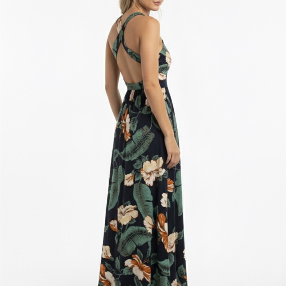 Lulu's Tropical Backless Maxi Dress - Black and Green